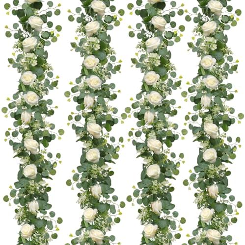 TOCHGREEN 4PCS Artificial Eucalyptus Flower Garland with White Rose Flowers by TOCHGREEN