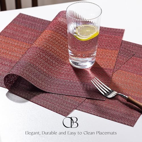 Placemats Set of 12 - Easy Clean Woven Vinyl Placemats for Dining Table, Indoor/Outdoor Place Mats, Washable PVC Table Mats（Pomegranate Parade） - Image 3