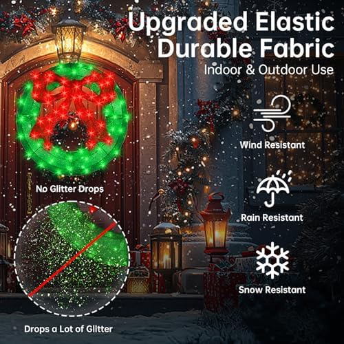24 Inch Pre-lit Outdoor Christmas Wreath with Bow, Red Bow - Green Wreath - Image 3