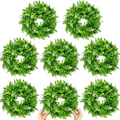 8 Pcs Christmas Boxwood Wreath Artificial 10 Inch Green Leaves for Front Door Cabinets Wreath Indoor Outdoor Wall Decor Christmas Wall Home Kitchen Decoration by Gosodeny