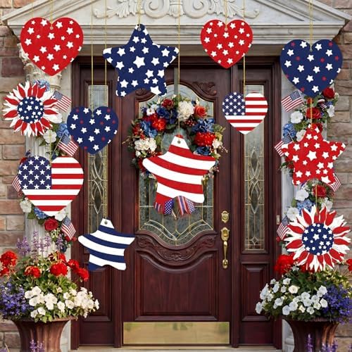 RattanView 12 Pcs Large Outdoor 4th of July Hanging Decor Patriotic Tree Ornaments 12'' and 10'' Red White Blue Plastic Tags with String Lawn Yard Garden for Independence Day 250th Anniversary Decor by RattanView