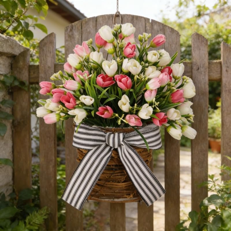 White Tulip Door Hanger Basket Wreath for Front Door,Artificial Tulip Flower Wreaths Hanging Decor with Woven Basket,Spring Summer Baskets Wreath for Wall Window Holiday - Image 6
