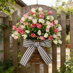 White Tulip Door Hanger Basket Wreath for Front Door,Artificial Tulip Flower Wreaths Hanging Decor with Woven Basket,Spring Summer Baskets Wreath for Wall Window Holiday - Image 6