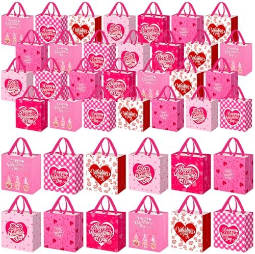 Wesnoy 48 Pcs Valentine's Day Gift Bags Bulk with Handle Non Woven Reusable Pink Red Heart Bags Valentine's Day Candy Bag for Classroom Gift Exchange, Goodies Wrapping Party Favors, 11.4x10.6x4.7 Inch by Wesnoy
