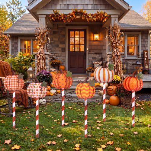 6 Pcs Fall Pumpkin Metal Garden Stakes 17.4" Outdoor Pumpkins by Otoolling