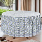 Ridhi Block Print Round Tablecloth Light Steel Blue 132 Inch 100% Cotton by Ridhi