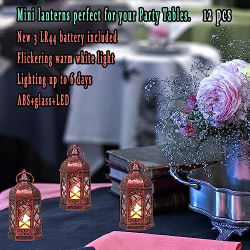 12PCS Mini Lantern with Flicker LED Candle for Halloween Decorations, Small Lanterns Decorative, Vintage Hanging Moroccan Lantern for Wedding Halloween Christmas Decor, Table Centerpiece, Rose Gold - Image 5