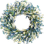 26 Inch Summer Spring Blue Ivory Lavender Flower Wreath for Front Door, Rustic and Farmhouse Wild Flowers Wreath for Inside and Outside, Coastal Blue Home Decorating by Egolot