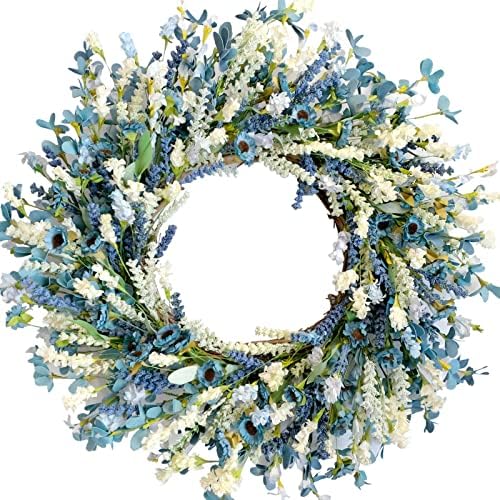 26 Inch Summer Spring Blue Ivory Lavender Flower Wreath for Front Door, Rustic and Farmhouse Wild Flowers Wreath for Inside and Outside, Coastal Blue Home Decorating by Egolot