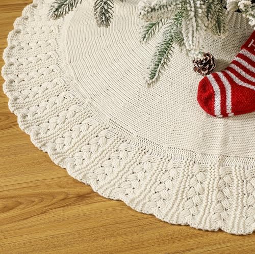Ivory Knitted Christmas Tree Skirt, Cozy Cable Knit Design with Scalloped Edge and Ties, Rustic Farmhouse Holiday Décor for Christmas Tree Base(Ivory, 36") by Aeranto