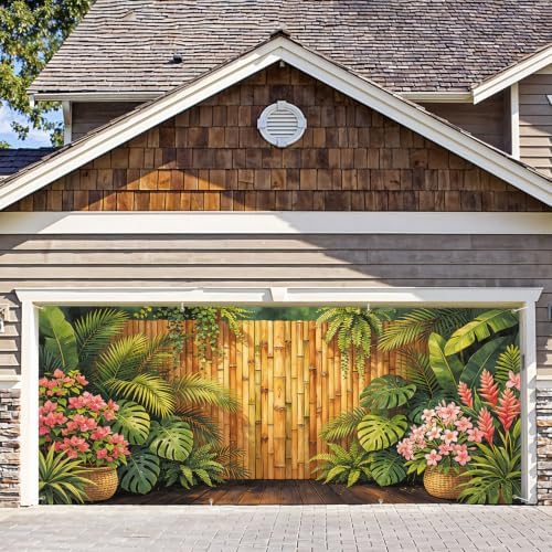 6X13FT Summer Bamboo Fence Tropical FlowersGarage Door Cover Decorations Tropical Leaves Garage Door Banner for Outdoor Indoor Summer Party Photography Backdrop by ANNAQUEEN