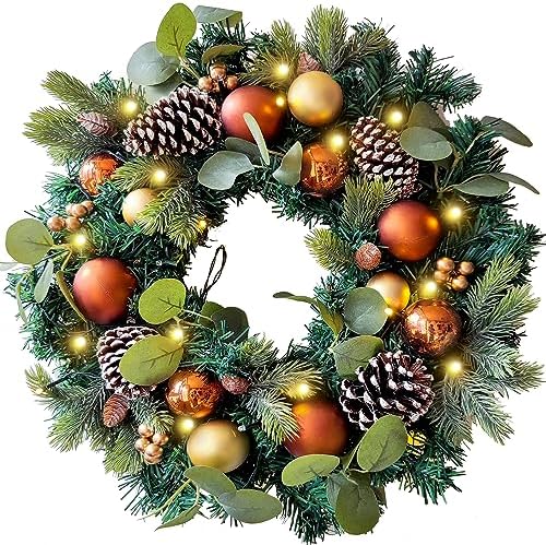 WANNA-CUL Pre-Lit 20 Inch Copper Gold Christmas Wreath for Front Door by WANNA-CUL