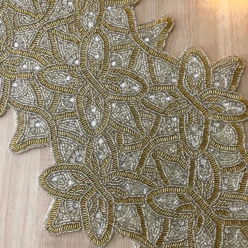 Enliven Handmade Table Runner, Beaded Table Runner, Gold and Clear Silver Bead Runner, 12.5x34.5inch - Image 3