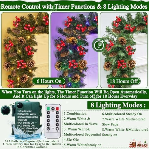Remote Control 18 FT Extra Long Prelit Christmas Garland with 480Thick Branch Tips Pinecones & Red Berries, 100 Warm White & Multicolor LED Lights 8 Modes Timer for Stairs Mantel Doorway Decor - Image 4