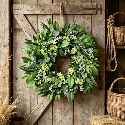 24 Inch All Season Greenery Wreath,Artificial Eucalyptus Wreath for Front Door,Farmhouse Spring Summer Fall Winter Decor, Indoor Outdoor Home Wall Porch Decoration - Image 6