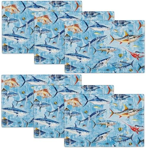 Blue Fish Placemats Set of 6 Fishing Table Mats Ocean Place Mats Decor Imitation Linen Heat Resistant Tablecloth for Dining Decorations Kitchen Party Restaurants 12''x18'' by gkmaolt