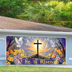 16x7 ft He is Risen Easter Banner for Two Car Garage - Fits Double Garage Door, Inspirational Cross Dove & Biblical Quote Large Backdrop, Church or Home Worship Decor - Image 3
