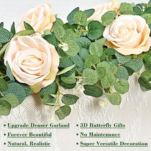 6 Ft Champagne Fuller Flower Garland with 6 Pcs Butterfly, Fake Rose Vine - Image 2