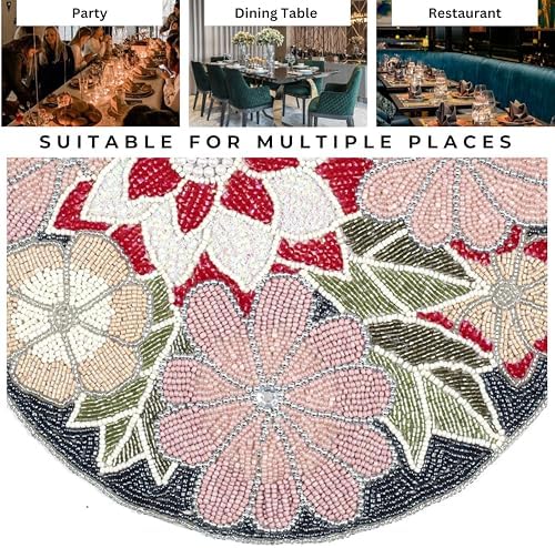 Beaded Placemats for Dining Table Flower Design Red Multi Set of 2- Measure 13 Inches Beaded Placemats Round for Gathering, Christmas, Thanksgiving - Occasional Decoration - Image 5