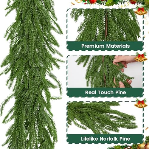 2Pcs 9 Ft Christmas Norfolk Pine Garland for Mantel and Holiday Decor - Image 2