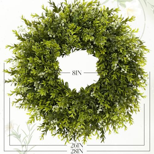 28'' Large Boxwood Wreath for Front Door Porch Window Artificial Boxwood Leaves with White Seed Greenery Outdoor Indoor Wreath for Home Farmhouse Wall Decor Spring Summer Fall All Seasons (Green) - Image 2