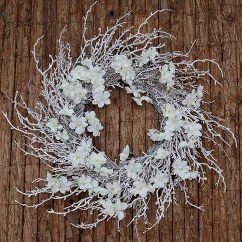 20 Inch White Flower Winter Wreath with Snow Flocked Twigs- Artificial Winter Wreaths for Front Door Porch Wall Window Porch Indoor Outdoor Decor Christmas Decorations (20") - Image 5