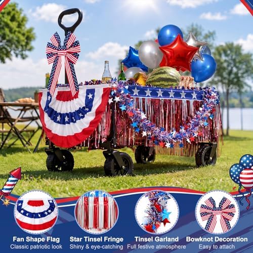 27 Pcs 4th of July Wagon Parade Float Decoration Kits 250th Patriotic Car Tassels, Garland, Banners, American Flag, and Bow Independence Day Red White Blue Decor(4th of July) - Image 4