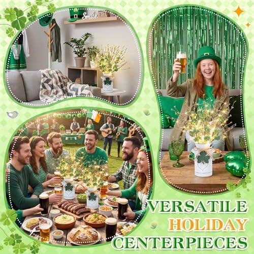 Tioncy 2 Sets St. Patrick's Day Table Centerpieces Artificial Berry Stems Shamrock Flower Pick with Metal Vase and String Light Rustic Farmhouse Irish St Patrick's Day Decorations for Home Office Desk - Image 6