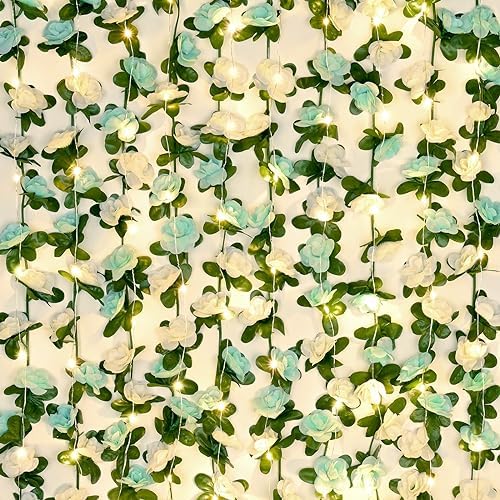 BLEUM CADE 12Pcs 16.4Ft Fake Flower Garland Faux Rose Vines with Lights by BLEUMCADE