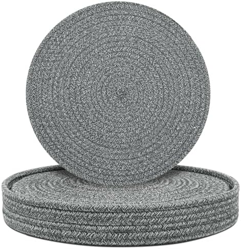 Round Placemats Set of 6 with Holder, Cotton Rope Woven Place Mats, Hot Pads for Kitchen, Heat Resistant Table Mats, 13 Inch Farmhouse Washable Braided Placemat for Kitchen Decor (Dark Gray) by Welcometobuy