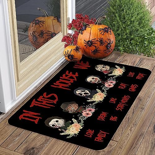 Halloween Horror Villains Welcome Doormat, in This House We Love Family Scary Movies Friday Vintage Non-Skid Floor Mat Decoration Kitchen Door Mat Bedroom Doormat 17x30 inch - Image 2