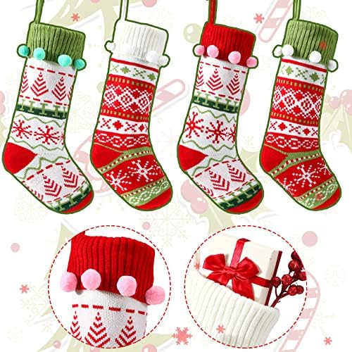 Chivao 4 Pcs 20" Christmas Stocking with Pompoms Large Knit Xmas Decor - Image 4