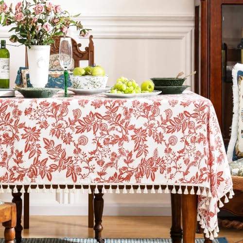 Cotton Vintage Floral Tablecloth Tassel Trim Red 60x60 by Unknown