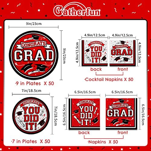 Gatherfun Graduation Party Supplies Dinnerware Set red Disposable dinner paper plates dessert paper plates and Napkins for Congrats Grad Party Decorations, Serve 50 - Image 2