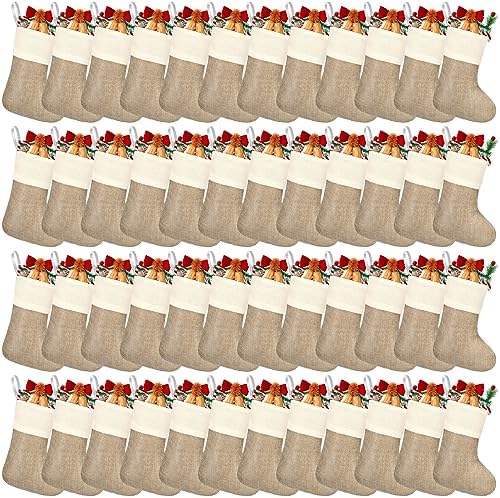 Zhanmai 48 Pcs Christmas Burlap Stocking Sublimation Natural Jute Christmas Stockings for Xmas Fireplace Hanging Farmhouse Decor Tree Ornaments Holiday DIY Craft Decoration, 4'' x 6.7'' (Simple Color) by Zhanmai