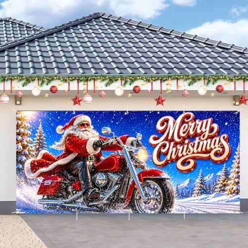 7x16FT Christmas Santa Claus Motorcycle Garage Door Cover Decorations Christmas Garage Door Banner for Outdoor Indoor Christmas Decorations Party Photography Backdrop by ANNAQUEEN