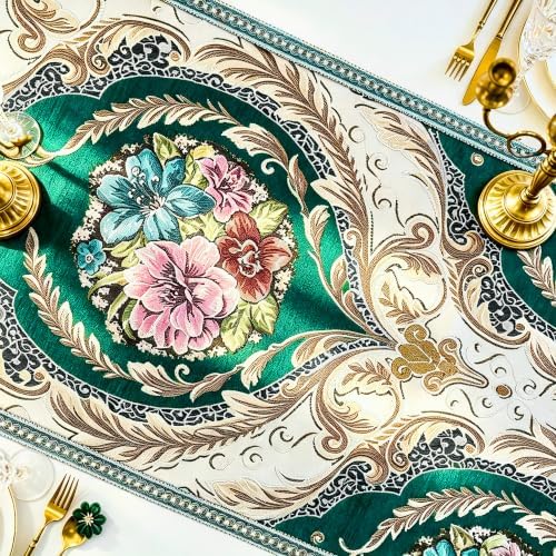 Luxury Vintage Table Runner 72 Inches Long Teal Green Retro Floral Jacquard - Image 3
