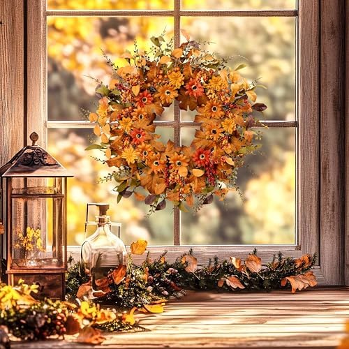 Artificial Fall Wreath 22 Inch Fall Wreaths for Front Door with Orange Berries Daisies Eucalyptus Leaves Autumn Door Wreaths for Thanksgiving Harvest Festival Wall Porch Farmhouse - Image 4