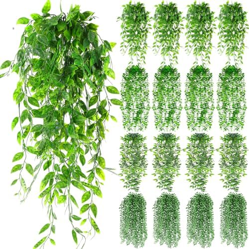Daifunli 16 Pcs Artificial Hanging Plants Fake Hanging Ferns Plastic Fake Plants for Wall Room Garden Garland Indoor Outdoor Decor No Basket (Eucalyptus,Mandala,String of Pearls,Pea) by Huiinen