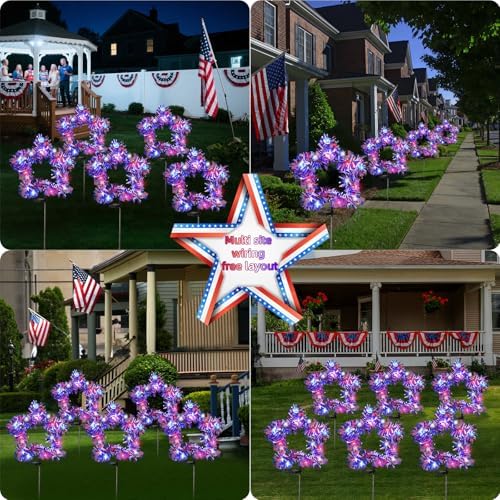 2 Pack July 4th American Flag Solar American Flag Lights July 4th Solar Patriotic Flag Lights, 8 Modes Garden Pile Lights 50 LED Garden Landscape Lights Street Lights (Red White & Blue) - Image 4
