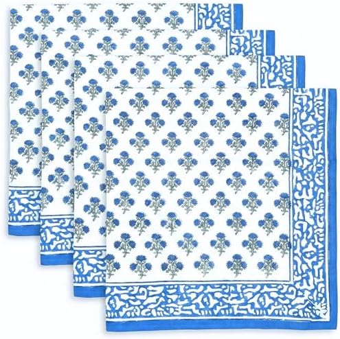ATOSII Gulbahar Blue 100% Cotton Designer Summer Dinner Napkins, Block Print, Washable Durable Table Linen for Everyday Use Weddings Parties Outdoors I 20 X 20 Inches I Set of 4 I by ATOSII