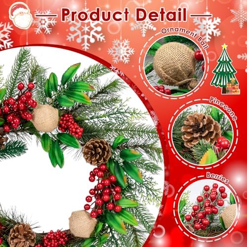 Christmas Wreaths for Front Door Decor Flower, 20" Xmas Berries - Image 4