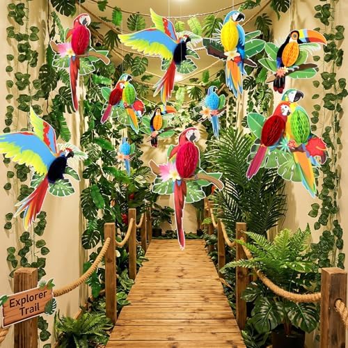 18 Pcs Jungle Party Decorations Back to School Classroom Rainforest Safari Tropical Hanging Birds Parrot Honeycomb Paper Cutouts Jungle Artificial Ivy Vines Garland for Hawaiian Luau Safari Decor by Unknown