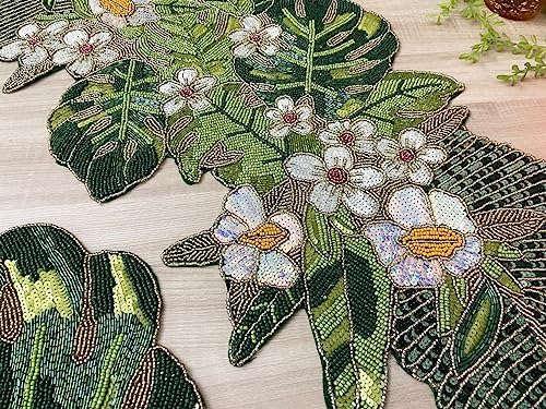 Enliven Floral Beaded Table Runner 13 x 36 Inch, Handmade Flower & Leaf Spring Table Runner, Green Botanical Centerpiece for Dining Table, Easter, Wedding, Garden Party & Home Decor - Image 6