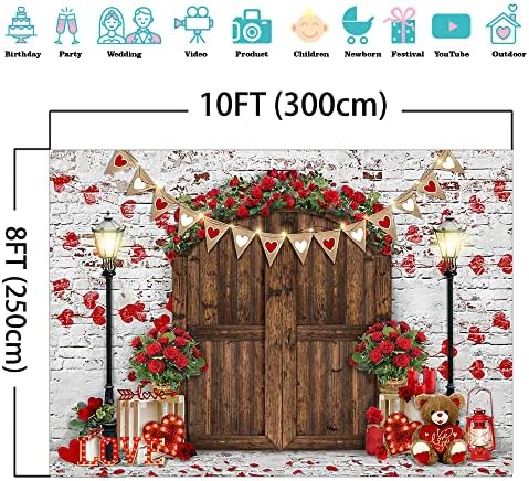 Mocsicka Rustic Wood Door Red Roses Backdrop Love Hearts Brick Wall Background Romantic Valentine's Day Party Decoration Supplies Photo Booth Props (10x8ft) - Image 4