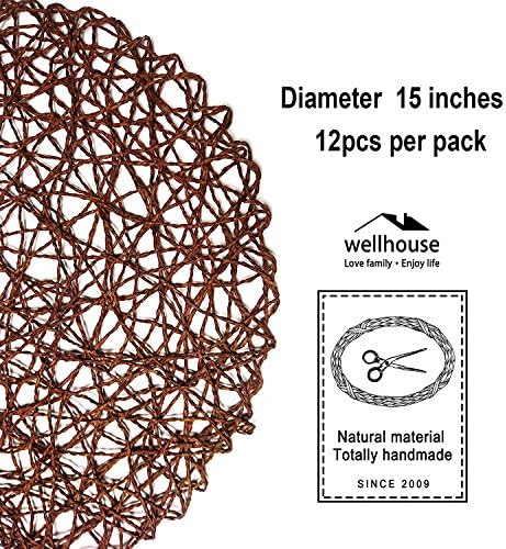 wellhouse Round Paper Fiber Woven Place Mats Decorative Placemat Braided Natural Mat Holidays Parties Decor 15" Set of 12 (Coffee) - Image 2