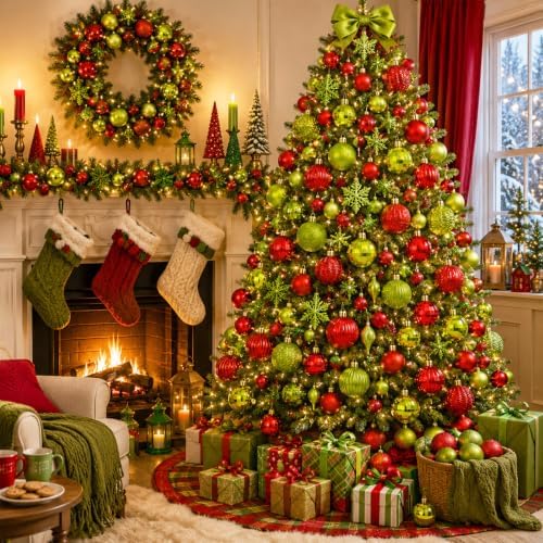 Lunmon 64 Pcs Lime Green and Red Christmas Ball Ornament Green Xmas Bulbs - Image 3