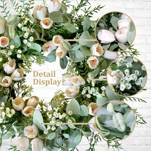 20" White Tulip Wreath for Front Door Spring Summer Easter Décor - Image 3