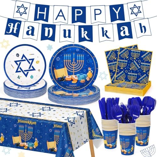 178PCS Hanukkah Party Decoration Set - Menorah, Plates, Napkins, Cups, Banner, Tablecloth, Cutlery - Bulk Supplies for Hanukkah Festival Indoor/Outdoor by FULJOOY