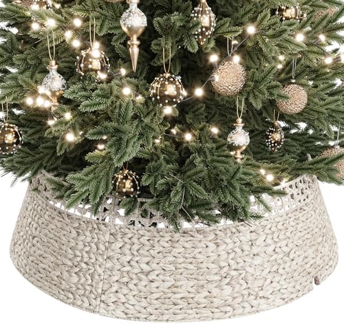 ELYKEN 42 Inch Woven Rattan Christmas Tree Collar, Stylish Seagrass & Water Hyacinth Xmas Tree Skirt for Artificial Trees, Wicker Tree Base Cover with Cord Cut-Out Farmhouse Tree Ring for Home Decor by ELYKEN